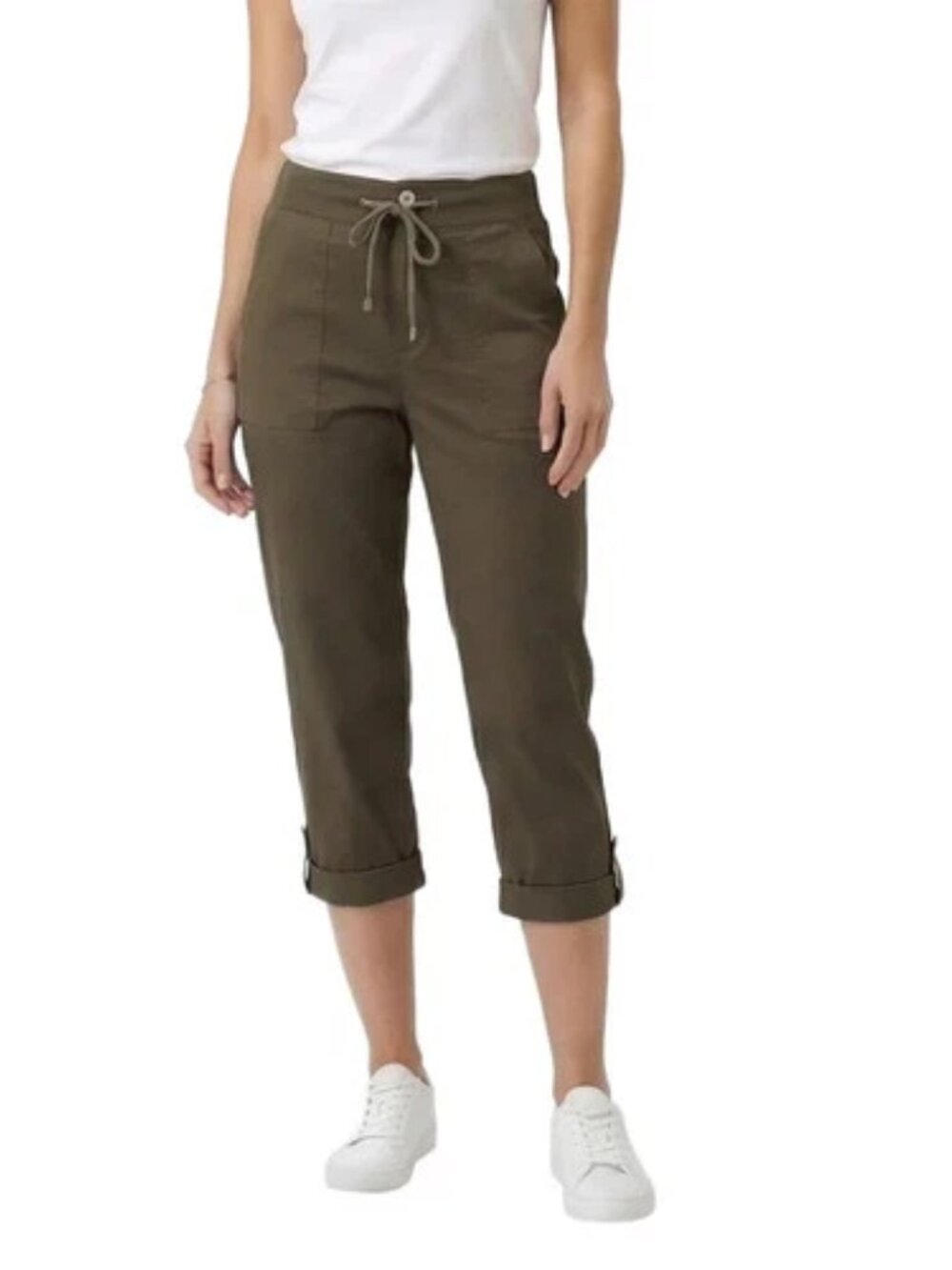 Simon Chang Women's High Waisted Roll-Up Capri Pants – Olive Green – Size 8